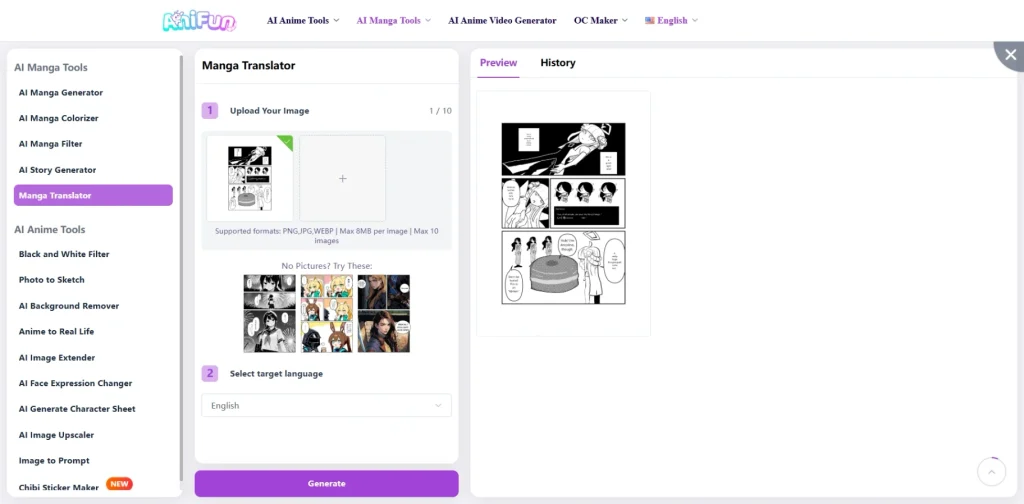 An easy interface of AniFun AI Manga Translator