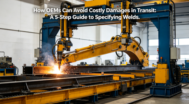 A hyper-realistic photo of a large gantry welding machine fabricating an excavator boom arm in a heavy machinery workshop, overlaid with the title "How OEMs Can Avoid Costly Damages in Transit: A 5-Step Guide to Specifying Welds